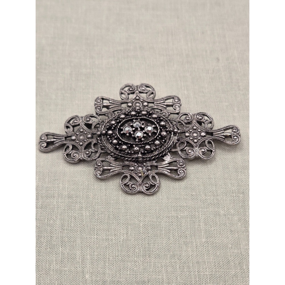 Vintage Edwardian Revival Silver-Tone Filigree Statement Brooch 3"x2"